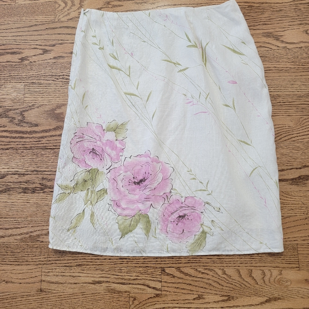 Floral Print Linen Skirt - Pink and Green